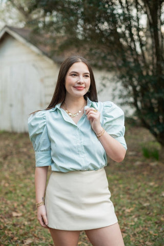 Green Striped Short Puff Sleeve Blouse | Select Trends Boutique