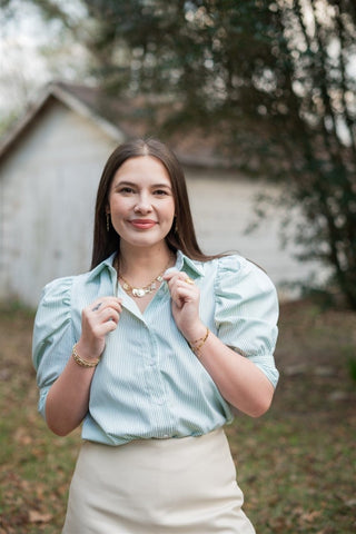 Green Striped Short Puff Sleeve Blouse | Select Trends Boutique