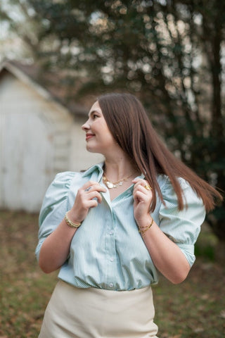 Green Striped Short Puff Sleeve Blouse | Select Trends Boutique