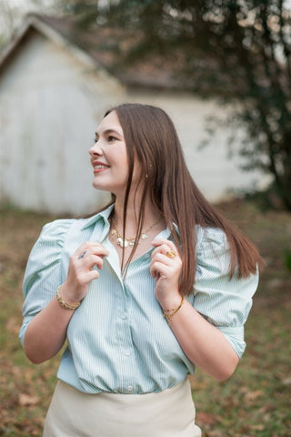 Green Striped Short Puff Sleeve Blouse | Select Trends Boutique