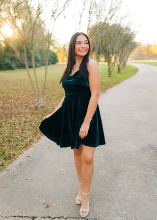 Green Velvet Bow Front Mini Dress - Select Trends Boutique