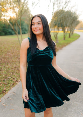 Green Velvet Bow Front Mini Dress - Select Trends Boutique