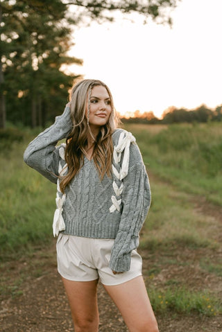 Grey Braided Bow V - Neck Sweater | Select Trends Boutique