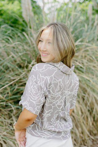 Grey Floral Short Sleeve Blouse