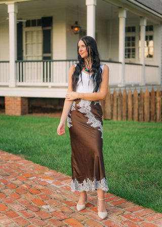 Harper Brown Satin Lace Skirt | Select Trends Boutique