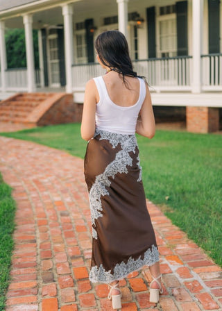 Harper Brown Satin Lace Skirt | Select Trends Boutique