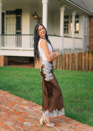 Harper Brown Satin Lace Skirt | Select Trends Boutique
