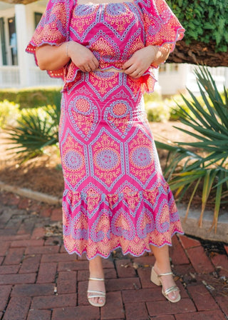 Hot Pink Eyelet Lace Set Midi Skirt | Select Trends Boutique