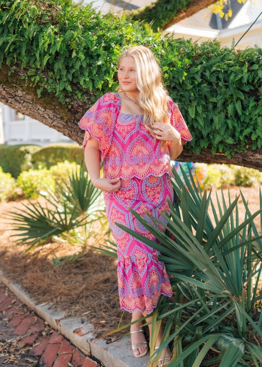 Hot Pink Eyelet Lace Set Midi Skirt