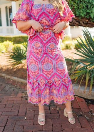 Hot Pink Eyelet Lace Set Midi Skirt | Select Trends Boutique