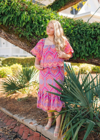 Hot Pink Eyelet Lace Set Midi Skirt | Select Trends Boutique