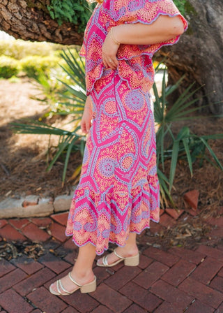 Hot Pink Eyelet Lace Set Midi Skirt | Select Trends Boutique