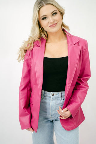 Hot Pink Faux Leather Blazer | Select Trends Boutique