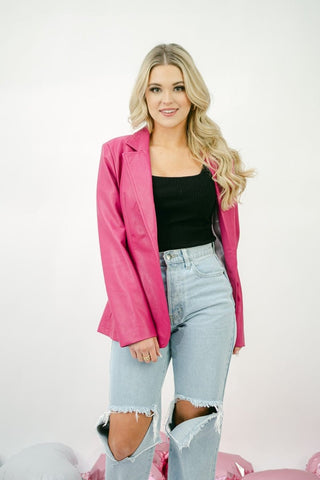 Hot Pink Faux Leather Blazer | Select Trends Boutique