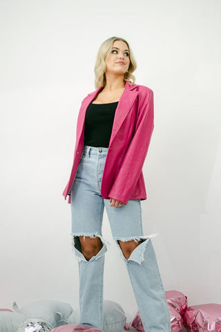 Hot Pink Faux Leather Blazer | Select Trends Boutique