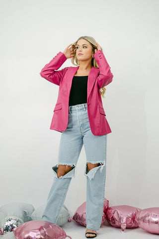 Hot Pink Faux Leather Blazer | Select Trends Boutique