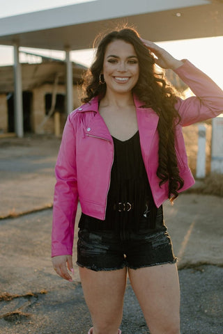 Hot Pink Fringe Vegan Leather Jacket from Select Trends Boutique
