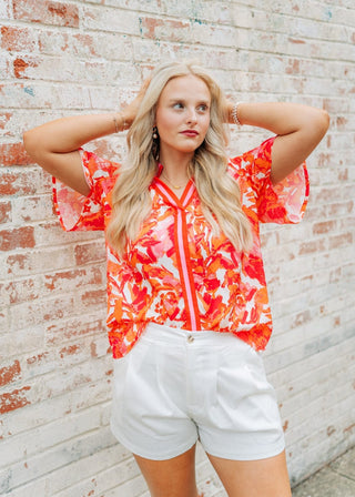 Hot Pink Print V-Neck Blouse