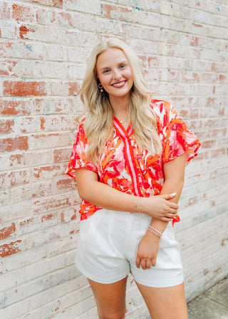 Hot Pink Print V-Neck Blouse