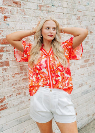 Hot Pink Print V - Neck Blouse | Select Trends Boutique