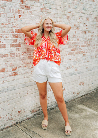 Hot Pink Print V-Neck Blouse