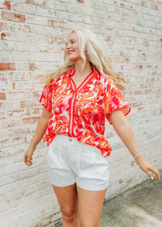 Hot Pink Print V-Neck Blouse