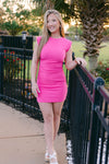 Hot Pink Ruched Fitted Mini Dress