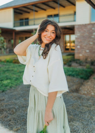 Ivory Button Up Short Sleeve Knit Top | Select Trends Boutique