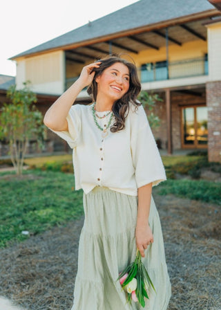 Ivory Button Up Short Sleeve Knit Top | Select Trends Boutique