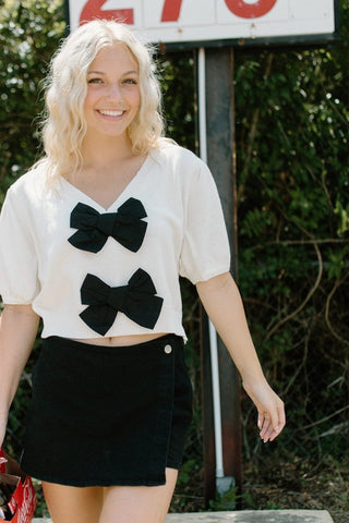 Ivory Puff Sleeve Bow Detail Knit Top | Select Trends Boutique