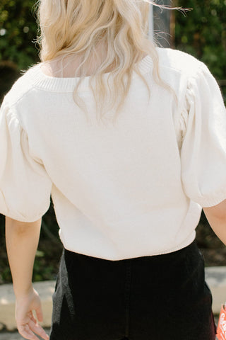 Ivory Puff Sleeve Bow Detail Knit Top