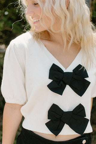 Ivory Puff Sleeve Bow Detail Knit Top