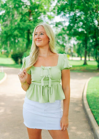 Kiwi Bow Puff Sleeve Peplum Top | Select Trends Boutique