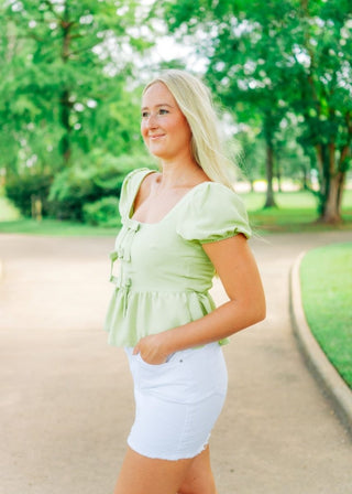 Kiwi Bow Puff Sleeve Peplum Top | Select Trends Boutique