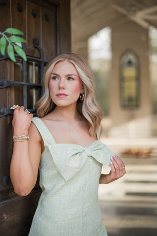 Kiwi Green Bow Front Tweed Dress - Select Trends Boutique