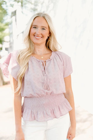 Lavender Eyelet Lace Smocked Blouse | Select Trends Boutique