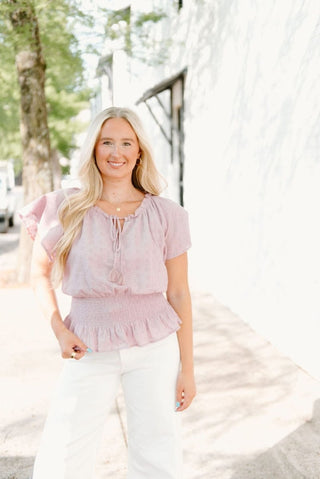 Lavender Eyelet Lace Smocked Blouse | Select Trends Boutique