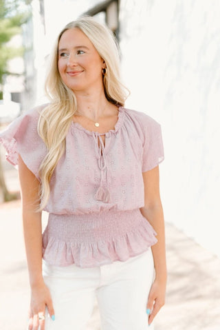 Lavender Eyelet Lace Smocked Blouse | Select Trends Boutique