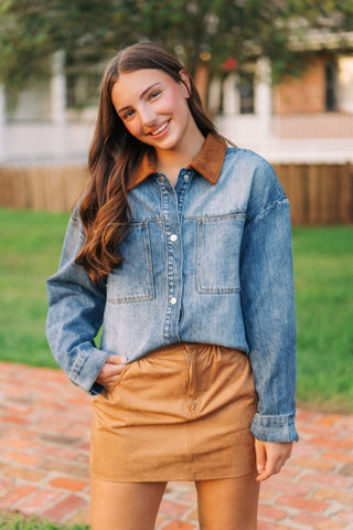 Leila Suede Collar Denim Jacket | Select Trends Boutique