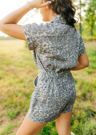 Leopard Denim Button Up Romper | Select Trends Boutique