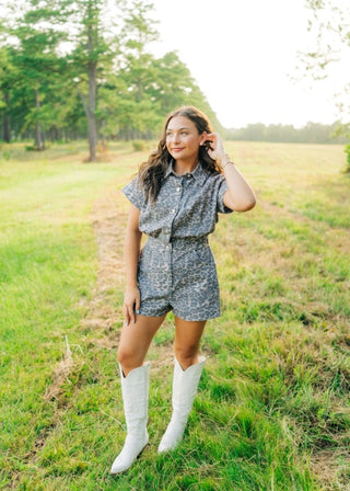 Leopard Denim Button Up Romper | Select Trends Boutique