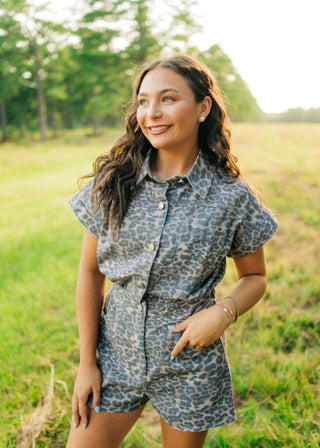 Leopard Denim Button Up Romper | Select Trends Boutique