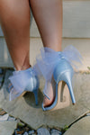 baby blue square toe design with a delicate tulle bow back and secure ankle strap 