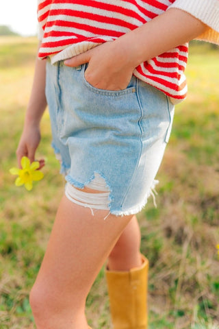Light Wash Frayed Denim Shorts | Select Trends Boutique