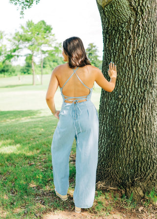 Light Wash Tie Back Wide Leg Jumpsuit - Select Trends Boutique