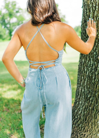 Light Wash Tie Back Wide Leg Jumpsuit | Select Trends Boutique