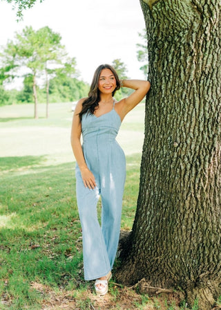 Light Wash Tie Back Wide Leg Jumpsuit | Select Trends Boutique