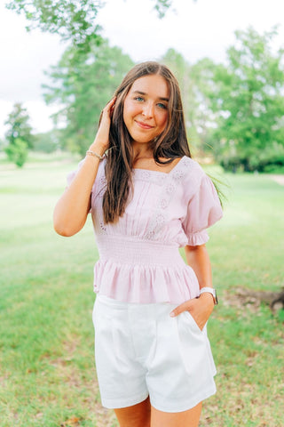 Lilac Eyelet Lace Square Neck Blouse - Select Trends Boutique