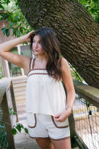 Linen Brown Trim Flowy Short Set | Select Trends Boutique