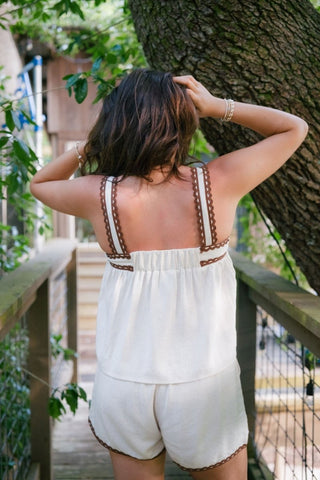 Linen Brown Trim Flowy Short Set | Select Trends Boutique